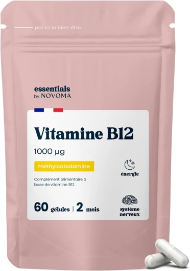 Vitamine B12 1000 µg Vegan, Cure de 2 mois, Réduit la Fatigue & Soutient le Système Nerveux, 60 Gélules Végétales, 100% Méthylcobalamine Pure et Biodisponible, Essentials by Novoma 60 unité (Lot de 1)