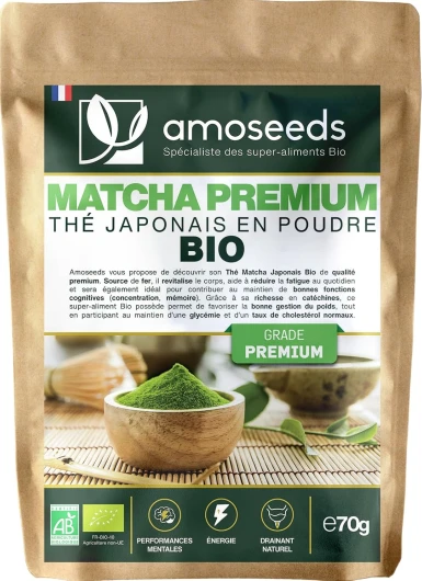 Thé Matcha en poudre Bio Japonais 70G - Thé Vert - Qualité Premium - Tonus, Minceur, Drainage 70 g (Lot de 1)