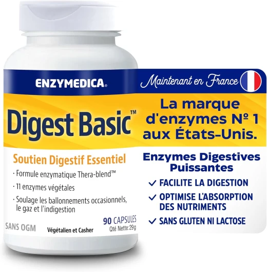 Digest Basic, formule d'enzymes essentielles, digestion douce des repas, réduit les gaz et les ballonnements, sans gluten, sans produits laitiers, 90 gélules