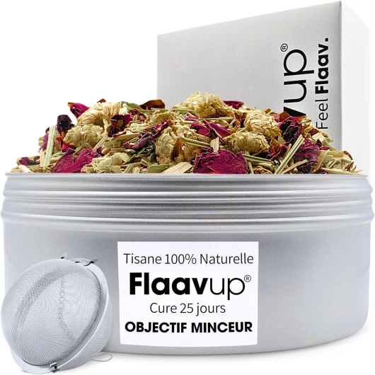 Tisane Minceur Detox & Infuseur - Tisane Detox Perte de Poids Drainante - Thé Minceur Cure 25 Jours formule 9 Ingrédients - Tisane Ventre Plat - Boite 90g - Thé Maté Enrichie en Camomille romaine