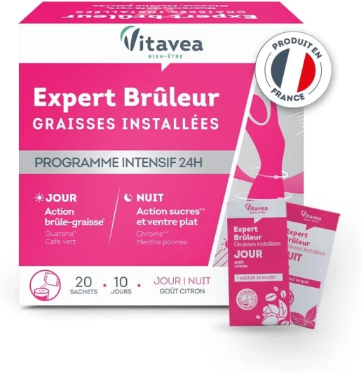 BIEN-ETRE - Préparation minceur Expert Brûleur graisses installées et Ventre plat - Programme Intensif 24h Jour / Nuit - Guarana Menthe poivrée Chrome - 20 sachets - Fabriqué en France