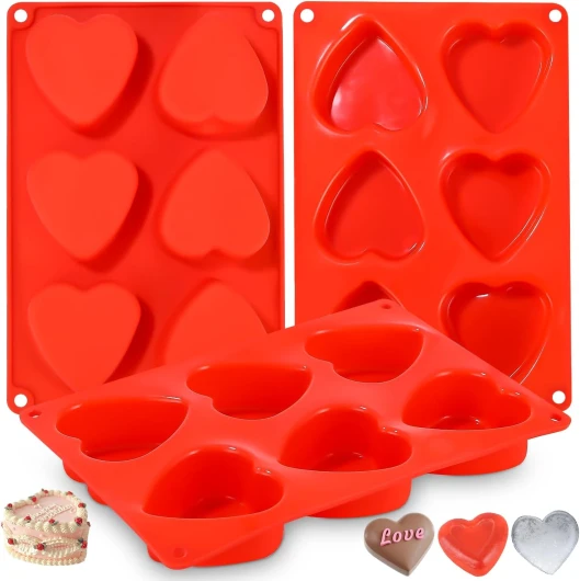 Zaxiva Moules Silicone Pour Chocolat, 6 Compartiments Moule Savon Coeur Pour le Gâteau de la Saint-Valentin Pudding à la Gelée Savon Artisanal,Faire un Ensemble de 3 Rouge Moule Savon Silicone