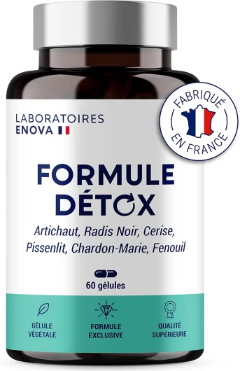 FORMULE DETOX - Complexe de Plantes : Artichaut Radis noir Queue de cerises Pissenlit Chardon marie - Detoxifiant Foie et Intestin - Detox Colon et Draineur Foie - 60 Gélules 60 unité (Lot de 1)