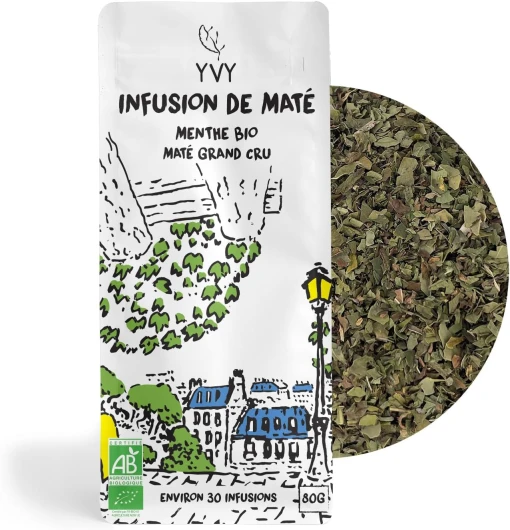 MATÉ Thé Maté Bio Menthe Douce Grand Cru 80g - Non Fumé - Sans Tige - Sans Poussière - Infusion Fraiche et Gourmande - Thé Maté Énergisant Doux et Intense - Environ 30 Infusions