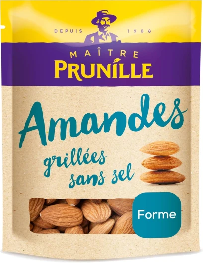 MAÎTRE PRUNILLE - Amandes Décortiquées Grillées Non Salées À Sec - Fruits Secs Forme - Sans Ajout De Matières Grasses - Riche En Vitamine E, Phosphore Et Source De Calcium - Sachet 400 g non salées 400 g (Lot de 1)