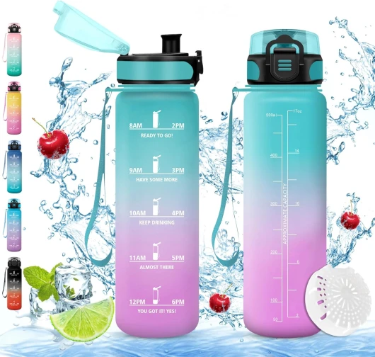 Vikaster Bouteille d'eau, Gourde 500ml/1L/1.5L, Sans BPA, Étanche & Réutilisable, Bouteille d'eau avec Marqueur de Temps et Filtre, Convient Pour la Sport, Yoga, Gym, Camping 500 ml D-vert+violet