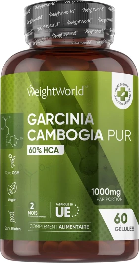 Garcinia Cambogia Extrait 60% HCA - 60 Gélules Vegan - Garcinia Cambogia Extra Fort Riche en Acide Hydroxycitrique - Source Vitamine C et Chrome - 1000mg/ Jour (2 Mois) Idéal Pour Diet Detox, Keto