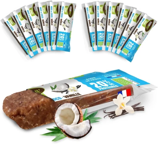 Barres de fruits protéinées - 12 x 40gr - (20% de protéines), barre protéinée énergétique bio, dattes, noix de coco, & vanille, snacks vegan, proteine & sans gluten, protein bar noix de coco, vanille pack x12