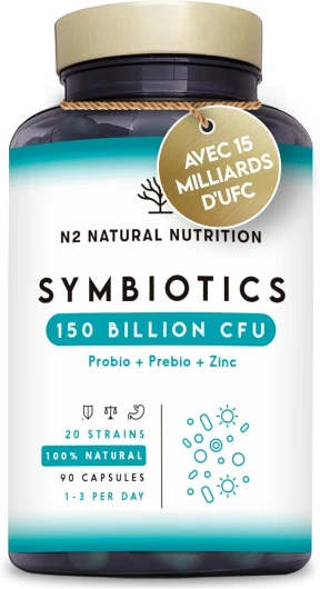 Probiotique 150 Milliards UFC, 20 Souches de Bactéries, avec Zinc - Concentration Maximale - Probiotiques Flore Intestinale pour la Régénération Digestive - 90 gélules, Végétalien - N2 Natural Nutrition