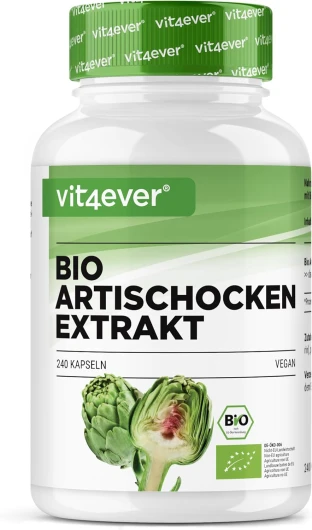 Extrait d'artichaut bio - 240 gélules - 1800 mg par dose journalière (2,5% cynarine) - Véritable extrait d'artichaut 20:1 - Qualité bio - Hautement dosé - Vegan