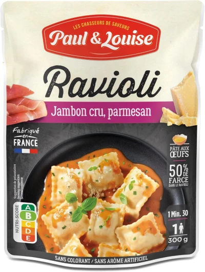 Paul & Louise Ravioli Jambon Cru, Parmesan 300g - Sachet micro-ondable - Prêt en 1 minute 30 - Pâte aux œufs - 100% viande origine France - Sans colorant - Sans arôme artificiel - Nutriscore B