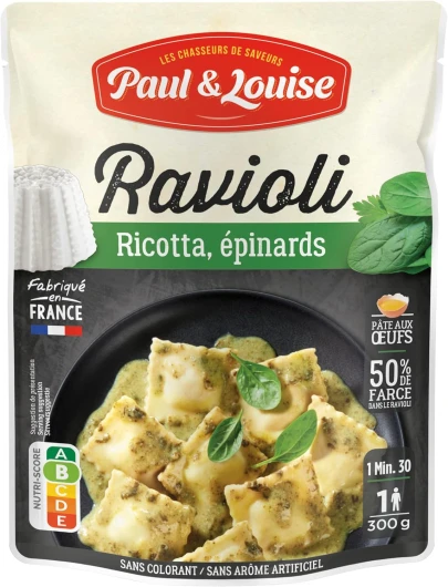 Paul & Louise Ravioli Ricotta, Épinards 300g - Sachet micro-ondable - Prêt en 1 minute 30 - Pâte aux œufs - Recette sans viande - Sans colorant - Sans arôme artificiel - Nutriscore B 300 g (Lot de 1)