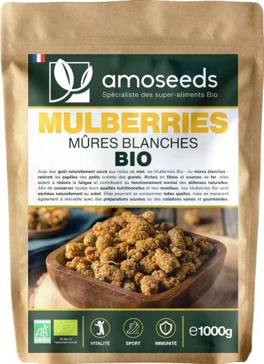 Mûres Blanches Bio 1KG - White Mulberries Séchées, Sans sucre ajouté - Qualité Supérieure - Savoureuses, Encas sains, Sport, Énergie.…