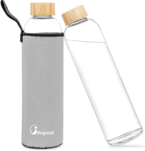 Bouteille en Verre 1000 ML,Bouteille d'eau en Verre Borosilicate Gourde en Verre avec Étui de Protection, Bouteille d'eau Reutilisable Enfant Adulte Anti-Fuite,Sans-BPA PVC 1000 ml Gris