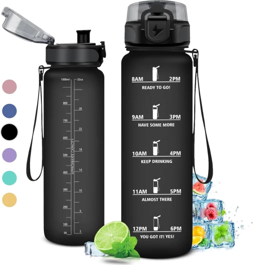 Gourde 1L, Gourde Sport, Étanche et Réutilisable, Bouteille d'eau 1 Litre avec Marqueur de Temps et Filtre, Bouteille pour Adulte, l'école, Cyclisme, Voyage, Camping, Fitness, Yoga, Bureau, Gym 32oz-1000ml - Mat Noir 1000 ml