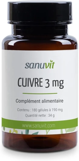 Sanuvit® - Cuivre 3 mg - 180 gélules - Haute biodisponibilité - Citrate de cuivre à haute dose avec 3 mg de cuivre de haute qualité par capsule - Végétalien