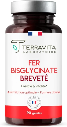 FER Bisglycinate Pur 14 mg - Complément Alimentaire Anti-Fatigue - Fer Breveté Ferrochel® Haute Absorption - Cure de 3 Mois sans Troubles Digestifs - 90 Gélules Végétales - Made in France - Terravita