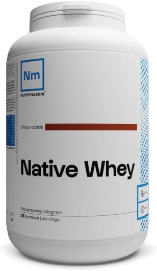 Whey Native 1kg Choco Cookie - Protéine Whey jusqu'à 80% de protéines par dose - 28,6 g de Protéines par does - Lait français - Musculation et Fitness - Prise de Muscle Choco Cookie 1 Kg (Lot de 1)