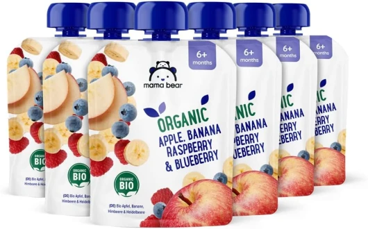 Marque Amazon - Mama Bear Purées de Pomme, Banane, Myrtille et Framboise et myrtille bio, végétarien, 540g, 6 lot de 90g Pomme, Banane, Myrtille et Framboise 90 g (lot de 6)