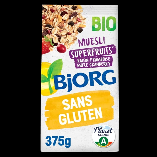 Muesli Superfruits - Raisin, Framboise, Mûre, Cranberry - Bio & Sans Gluten - Aux Céréales Complètes - Riche en Fibres - Réduit en Sucres - 6 Sachets de 375 g Fruits Rouges