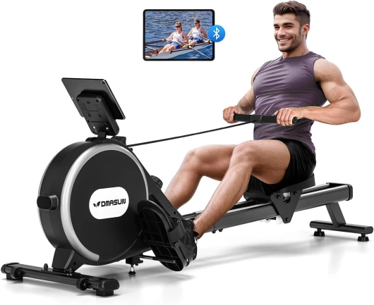 Rameur, DMASUN Rameur Magnétique D'appartement, Rowing Machine Connecter APP avec Écran LCD, 16 Niveaux de Résistance, Mise à Niveau vers Deux Rails, Silencieux, Capacité Maximale 160KG Noir Argent