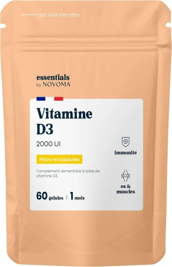 Vitamine D3 2000 UI, Cure de 1 mois, Renforce le Système Immunitaire, 60 Gélules Végétales, Vitamine D3V® Brevetée et Végétale Micro-Encapsulée, Fabriqué en France, Essentials by Novoma Essentials By Novoma - 60 Gélules