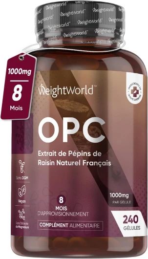 OPC Extrait de Pépins de Raisin Naturel Français 1000mg (French Grapeseed Extract) - 240 Gélules Vegan (8 Mois) - 95% OPC Forte (Vitis vinifera L.) - Polyphénols Concentré Avec Antioxydant Puissant