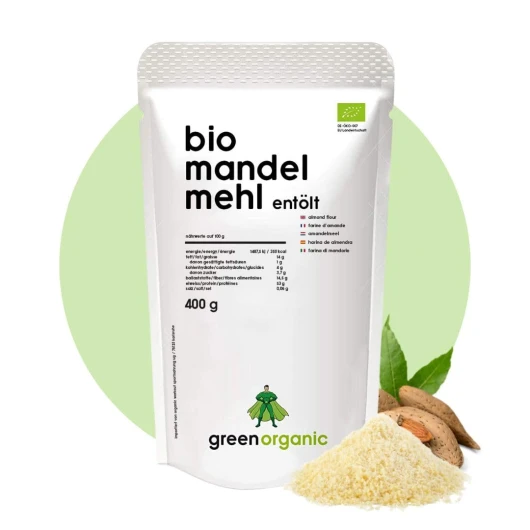 Farine d'Amande Biologique, Premium, Blanc, Idéale pour l'alimentation Low Carb, Sans Gluten, Vegan, Déshuilé, Riche en protéines, Riche en Fibre, Paleo Superfood, 400g