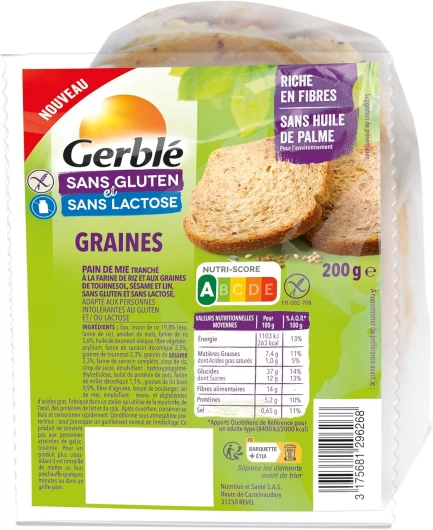 Pain de Mie aux Graines - Sans Gluten et Sans lactose - Riches en fibres - 200g - 221520