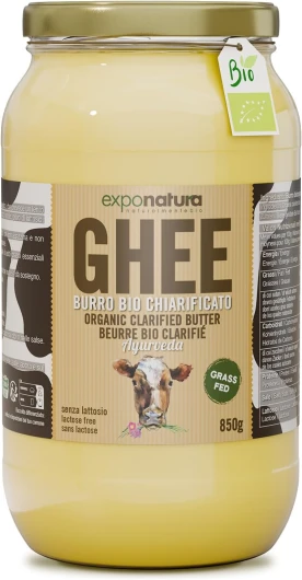 Ghee Bio - beurre clarifié selon l'ancienne recette ayurvédique - uniquement à partir du lait de vaches au pâturage - extrêmement digestible sans lactose - Exponatura (850 g, Ghee) Ghee 850 g