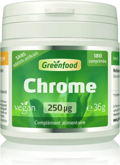 Chrome, 250 μg, dose élevée, 180 comprimés, vegan - pour un métabolisme des macronutriments normal - SANS additifs artificiels, sans OGM - 180 unité (Lot de 1)