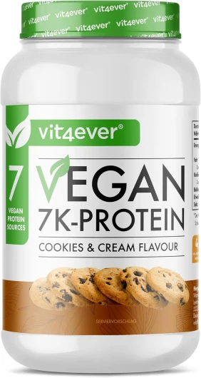 Vegan 7K Protein - 1kg - Cookies & Crème- Poudre de protéine purement végétale avec des protéines de riz, d'amande, de soja, de pois, de chanvre, de cranberry, de tournesol.