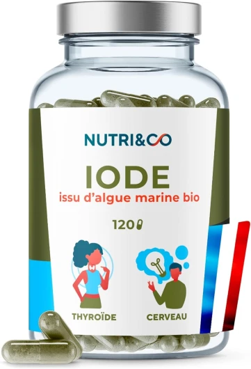 NUTRI & CO Iode Tyroïde Bio - Poudre d'Algue Naturelle Breveté PureSea® - 150µg par gélule - Soutien de la Thyroïde & Fonction Cognitive - 120 gélules Vegan - Fabriqué en France