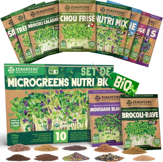 ZenGreens® - Graines germées bio en Kit de Nutri-Mix - Graines germées - 10 variétés de graines germées saines - culture facile en pot ou en terrine - Micrgreens Samen Mix - Lot de 10