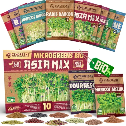 ZenGreens® - Graines germées bio en Kit de Asia-Mix - Graines germées - 10 variétés de graines germées asiatiques - culture facile en pot ou en terrine - Micrgreens Samen Mix - Lot de 10 Germes - Set de 10 Asia-Mix