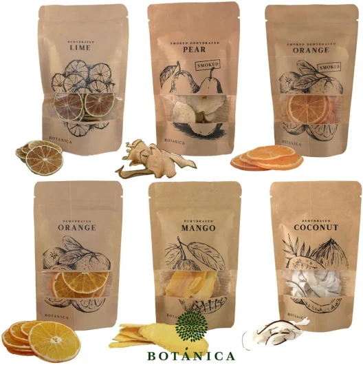 Set de fruits secs et épices botaniques - 6 sachets individuels - Orange, orange fumée, citron vert, poire fumée, mangue, coco - Set cadeau d’épices