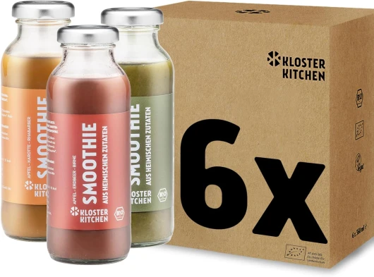 Mix de Smoothies bio Kloster Kitchen 6x 250 ml, 3 saveurs I Set rouge jaune vert vegan - Superfood petit-déjeuner I Bouteille en verre à emporter I Superaliment - Fraises, Carottes, Concombre.