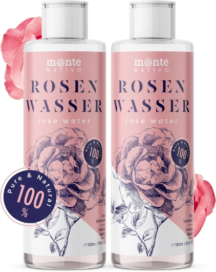 100% Pure Eau de Rose MonteNativo - 2x500ml - 100% Bio et Naturel, Lotion Tonifiante pour le visage, Hydrolat naturel de rose, Triple purification, eau florale de rose