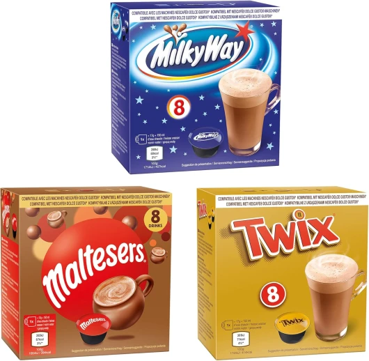 Boissons au Chocolat - Dolce Gusto Compatible - 24 Capsules - Maltesers, Twix, Milkyway (8 chaque) Chocolat.