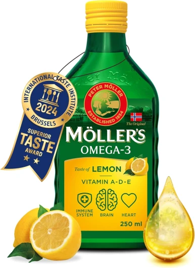 Moller’s ® - Huile de foie de morue oméga 3 - Compléments alimentaires oméga-3 avec EPA, DHA, vitamines A, D et E - Prix Superior Taste - Marque vieille de 166 ans - Citron - 250 ml