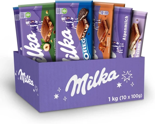 Box Chocolat Cadeau - Assortiment de 10 Tablettes de Chocolat au Lait de 100 g (1 kg) - 5 Saveurs : Lait du Pays Alpin, Éclats de Noisette, Oréo, Tendre au Lait, Caramel – Chocolats à Offrir Mix